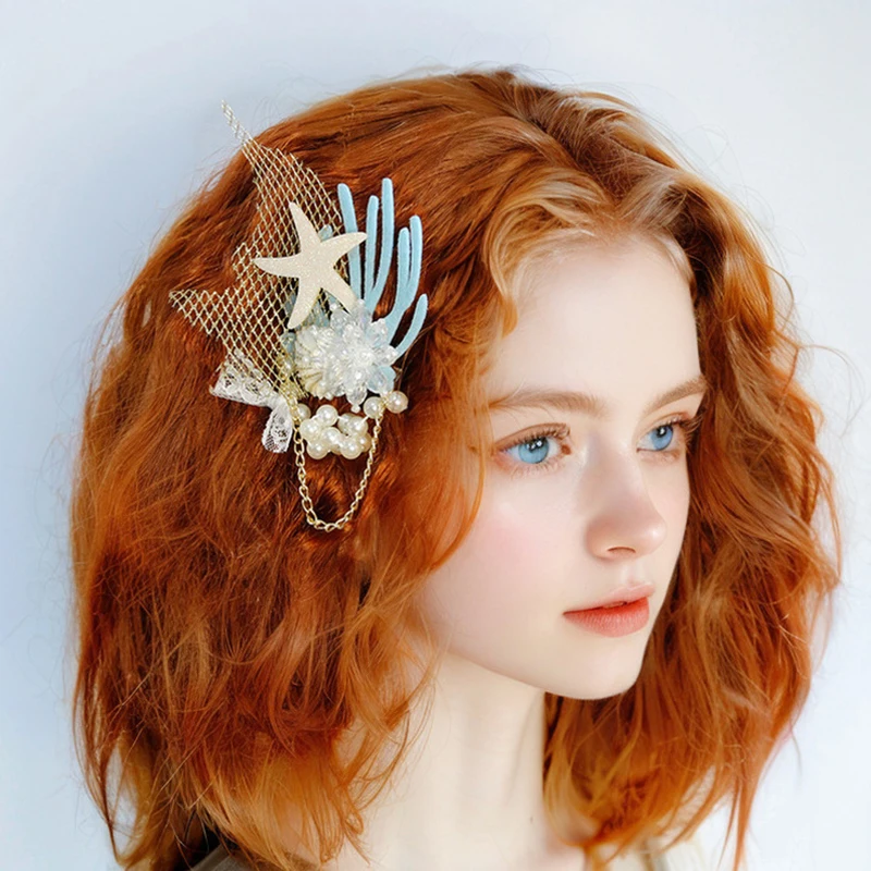 Siren-Themed Hair Trinkets, Starfish Imitation Crystal Shell Coral Accents for Beachside Celebrations