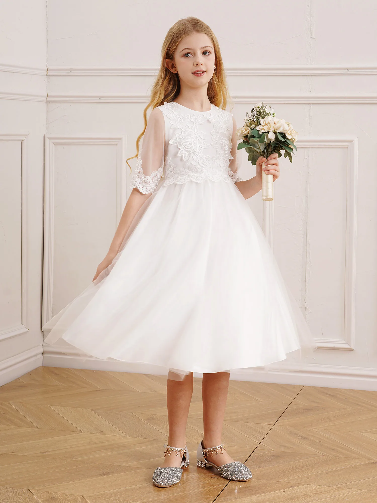 Kids Girls Floral Lace Chiffon A Line Dresses Long Sleeve Pageant Party Maxi Flower Girl Dress Bridesmaid Wedding Formal Dress