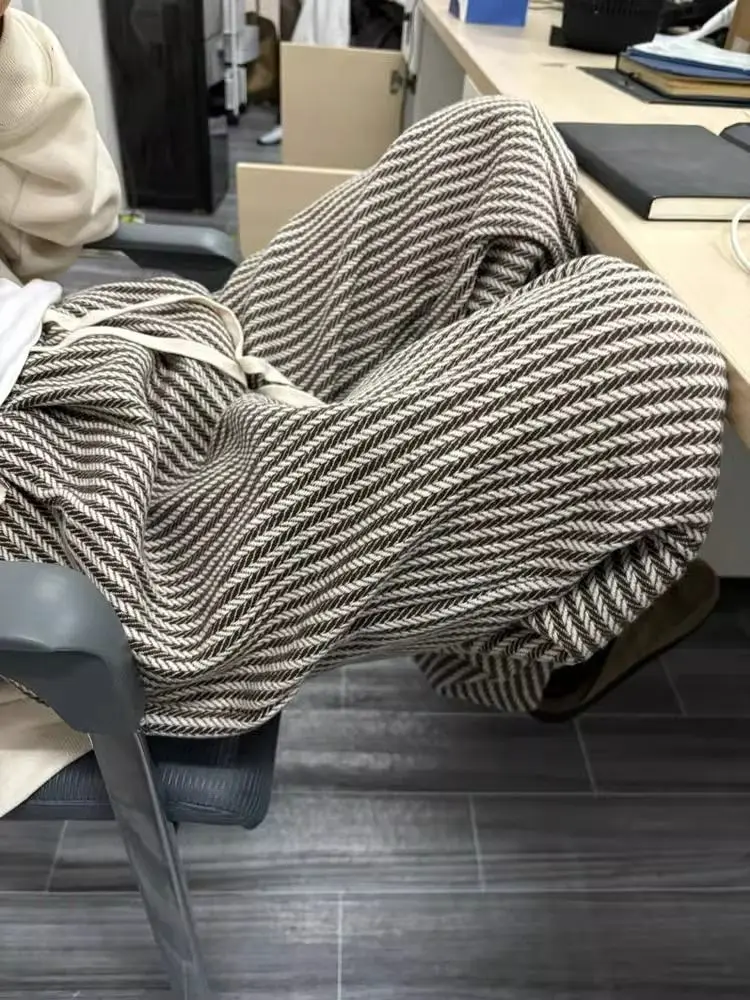 Spring Autumn Pants Women Retro Striped Knited Casual Daily Simple High Waist Wide Leg Trousers Stylish Temper Female All-match