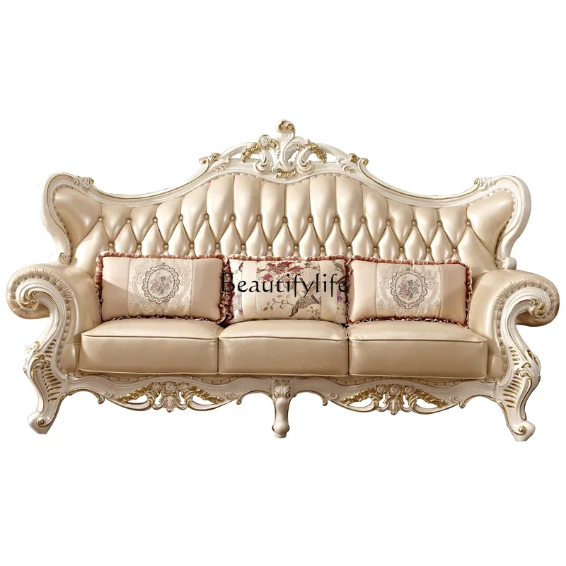LLX29European sofa solid wood leather 1 + 3 princess combination luxury American first-layer cowhide sofa