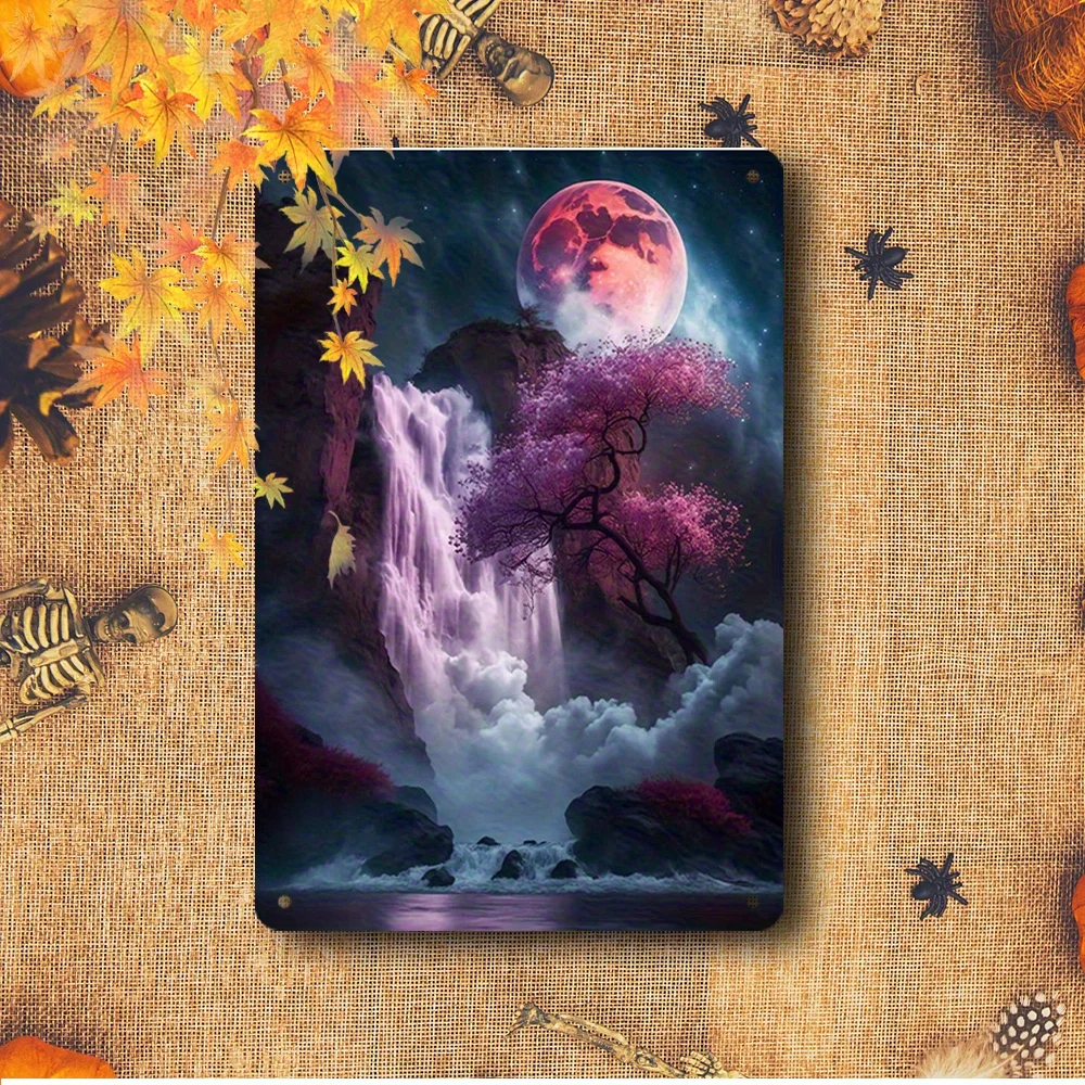 "Dreamy Moonlit Waterfall Tin Painting  Exquisite Natural Landscape Decorative Artwork" Suitable for Home and Office Wall Plaque