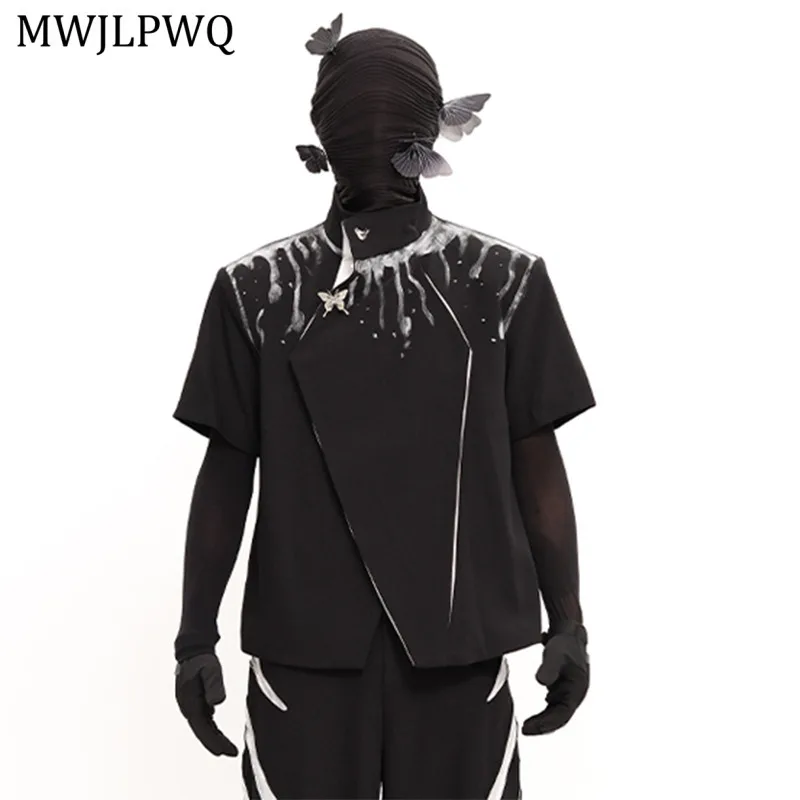 

MWJLPWQ Dark Ink Splash Shoulder Pad Men's Jacket Summer Stand Collar Short Sleeve High-end Deconstructed Design Coat Tide 11124