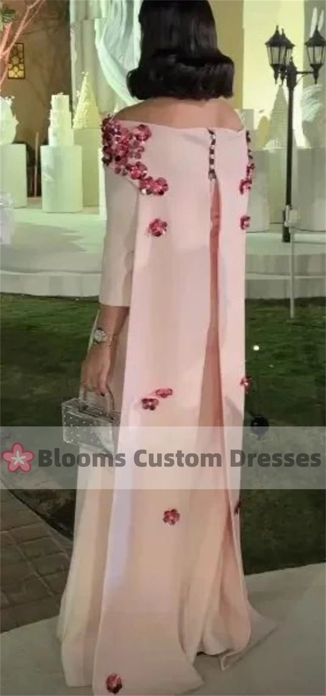 Blooms Off Shoulder Pink Crepe Customized Prom Dress With Sequin Flowers Evening Gown 3/4 Sleeves Cape Formal Party Gown