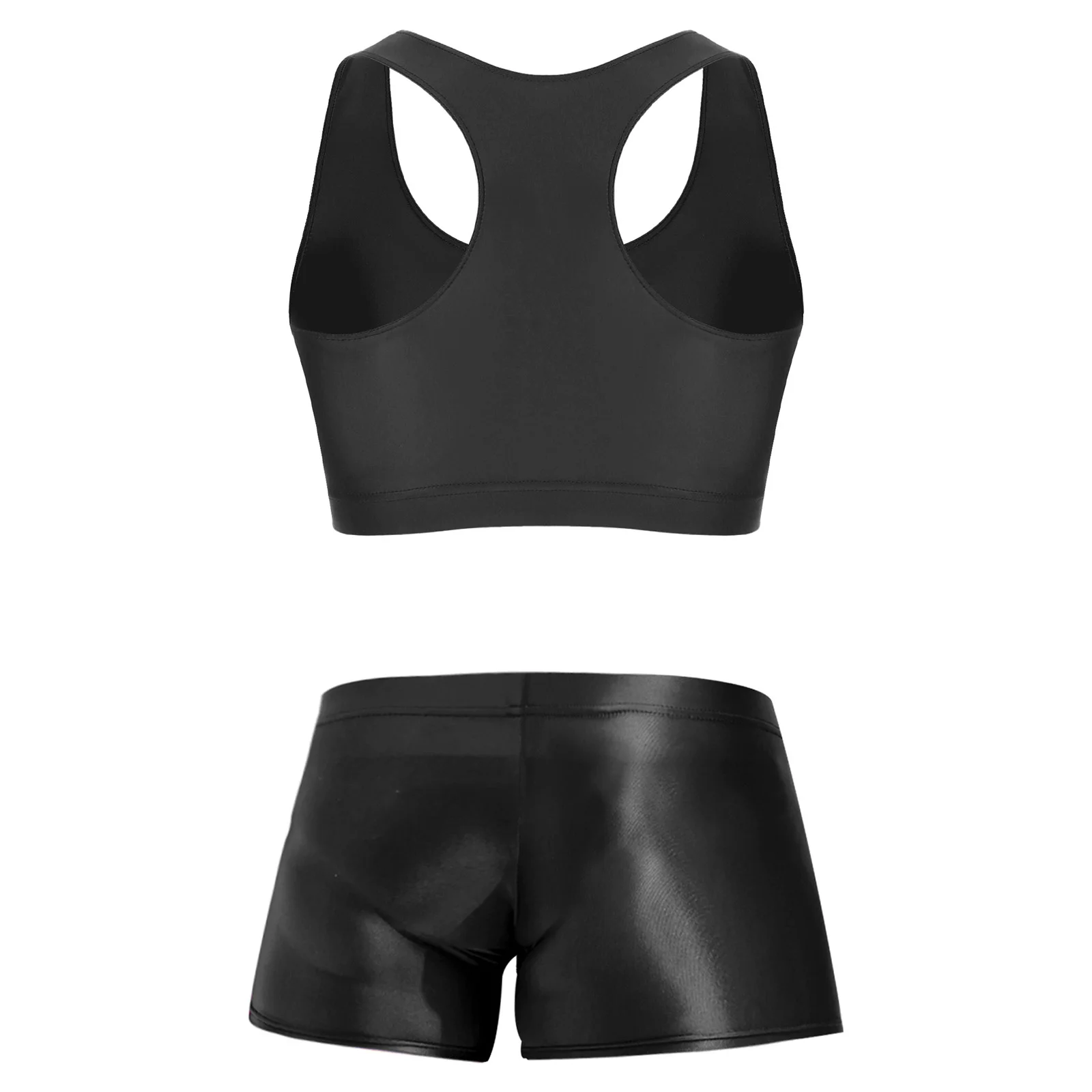 Men Glossy Stretchy Fitness Outfit U Sleeveless Crop Top Vest And Low Rise Boxer Nightwear Underwear Bathing Suit Workout Wear - view 2