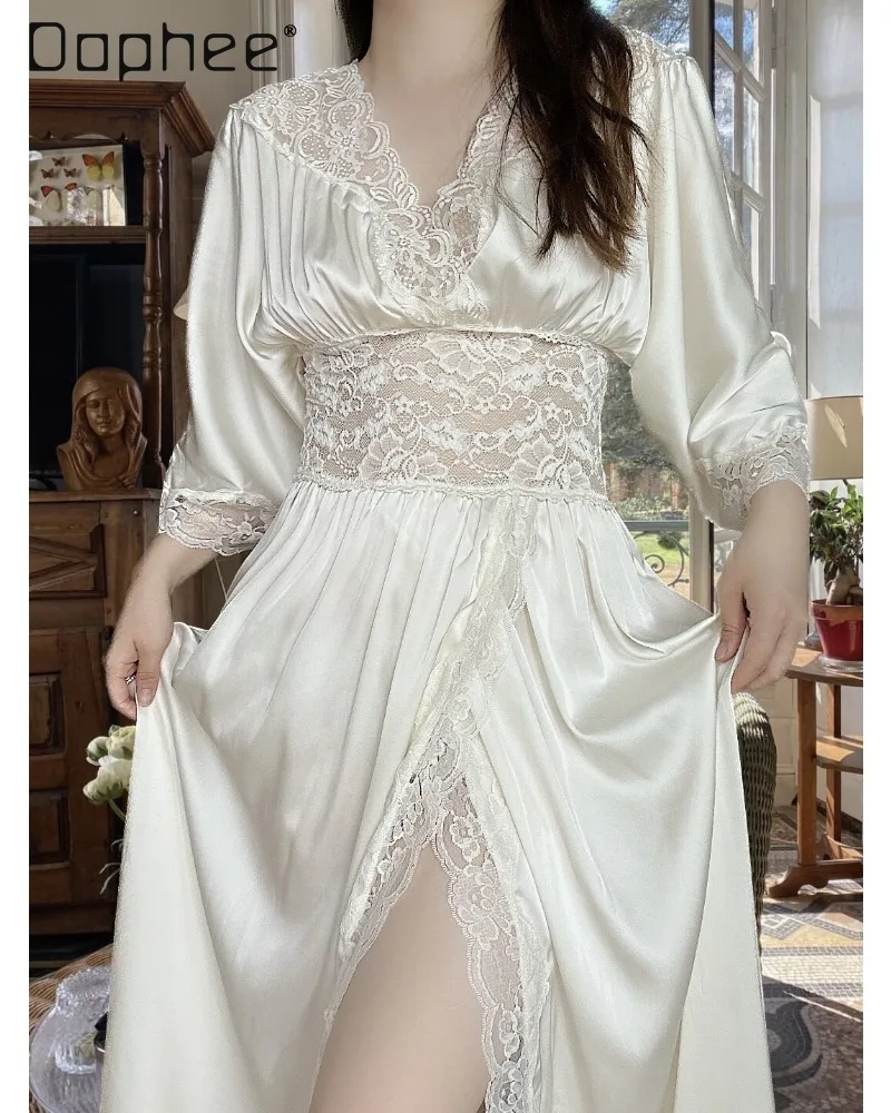 French Retro Gentle Pure Desire Wind Soft Light Satin V-neck Splicing Flower Lace Nightdress Loose Casual Women's Home Clothes