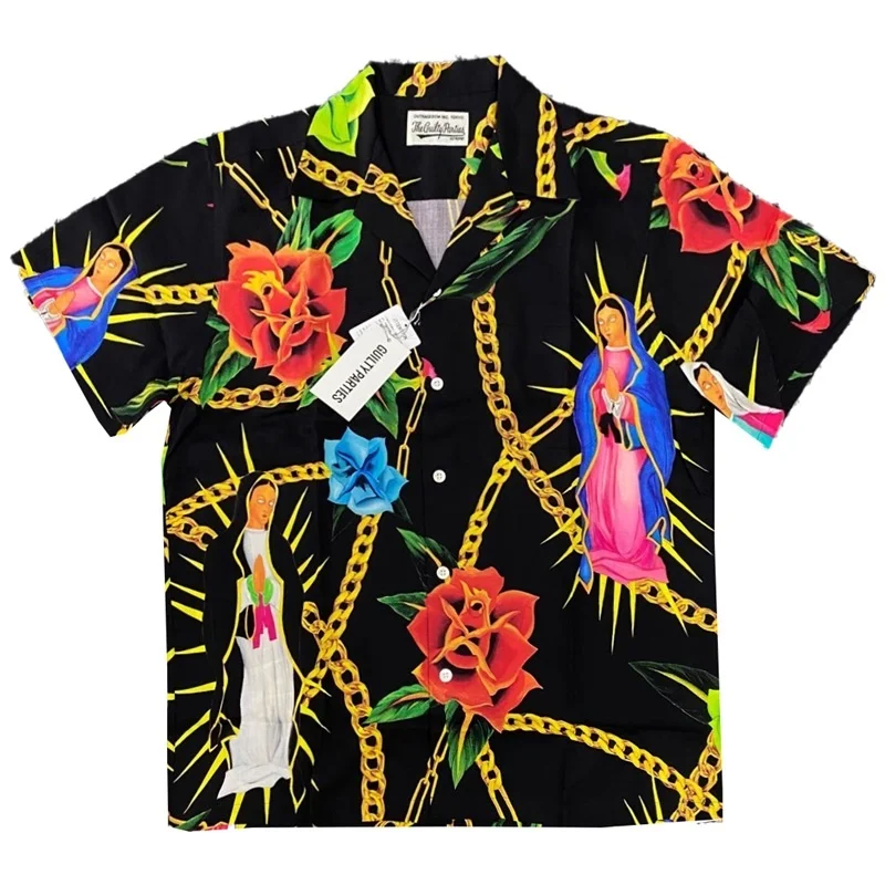 AI Trend WACKO MARIA Flower Chain Character Hawaii Short Sleeve Shirt Loose Casual Mens Womens High-end Colorblocking Shirt Tops