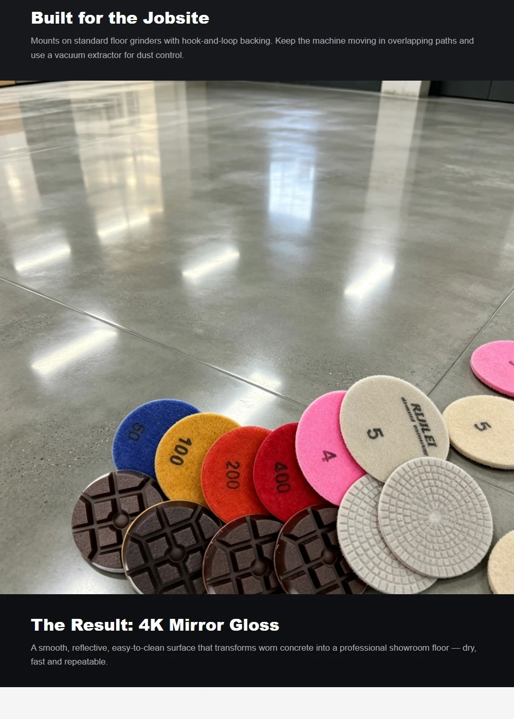 6 Stück Diamant-Trockenpolierpads 3 Zoll # 50- # 400 Metallbindung-Schleifscheibe 4" # 4 # 5 Für Beton, Zement, Terrazzo, Epoxidboden – Detail 6