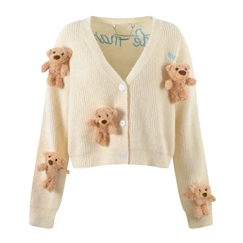 

Rabbit Bear Doll Short Cardigan Women's Fashion New Beauty Sweet Solid Color Age-reducing Knitted Sweater Design Sense Sweater