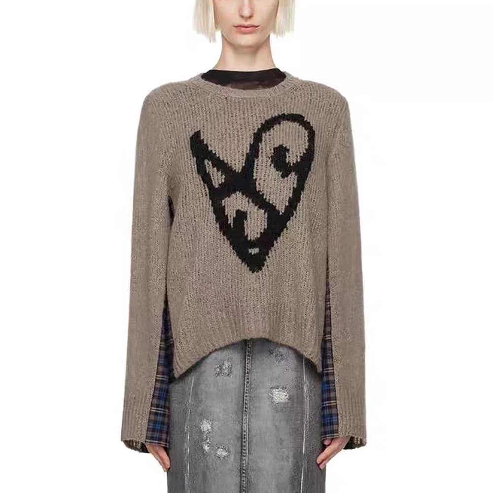 Wool Blend Women Pullover Y2k Checkered Patchwork Elegant Commuter Round Neck Long Sleeve Knit Top Sweater 2024 Winter New