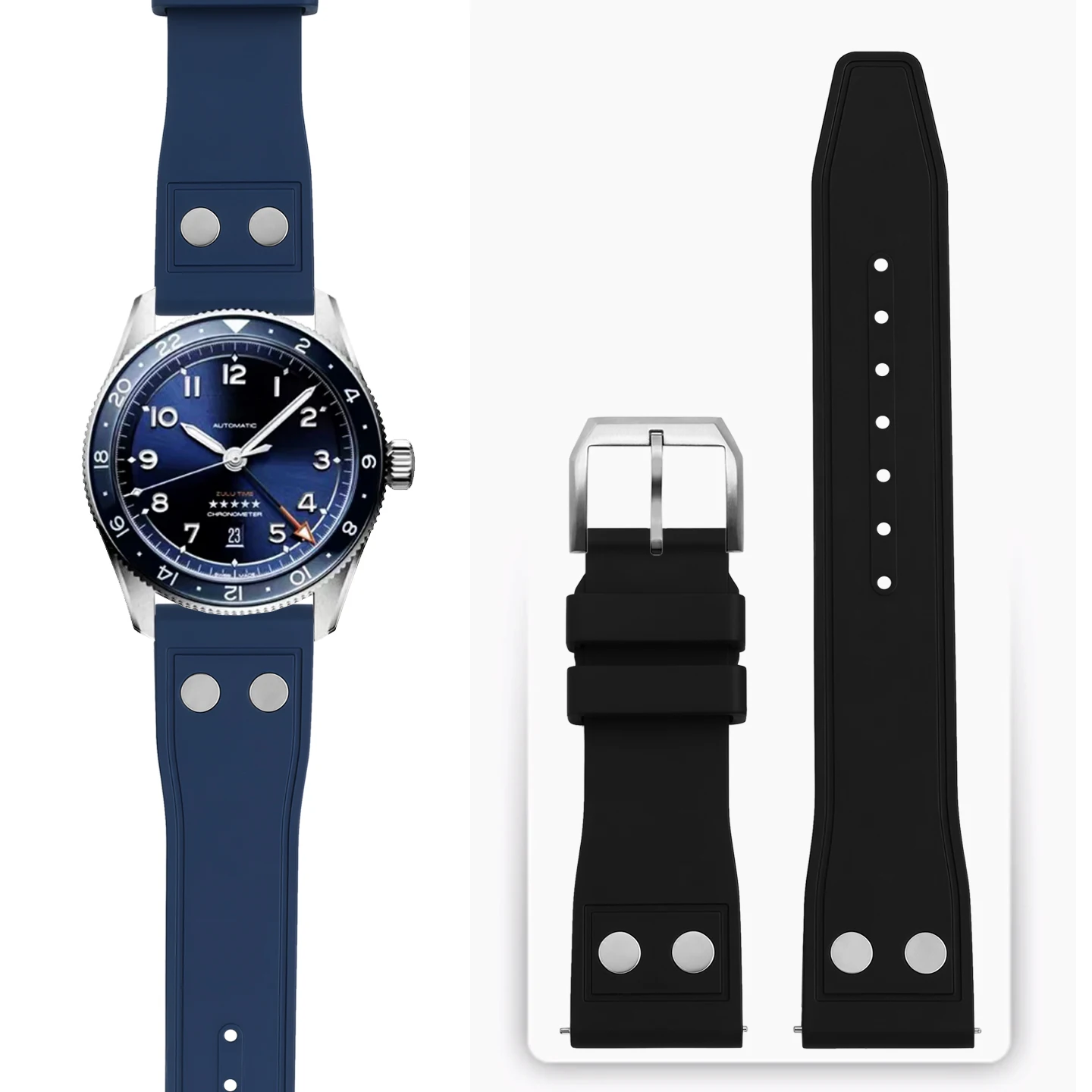FMK Men's Fluorocarbon Rubber Watch Strap, 22mm, for Longines Pioneer Admiral Zulu Time Equestrian Collection L3.812, L3.802