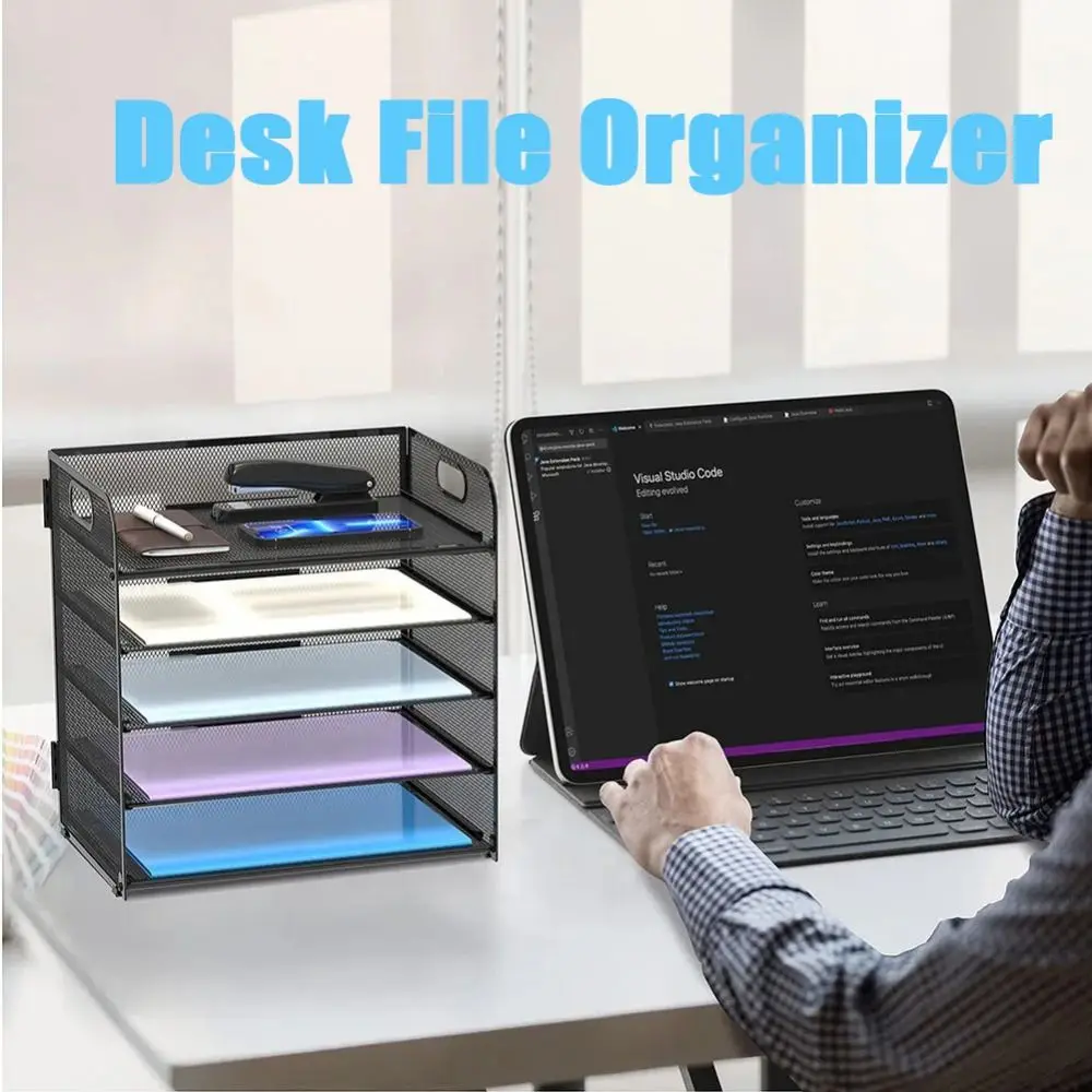 

5 Tray Mesh Desk Organiser Tray Metal with Handle Paper Sorter Rack Foldable Black Document Letter Storage Organizer Home