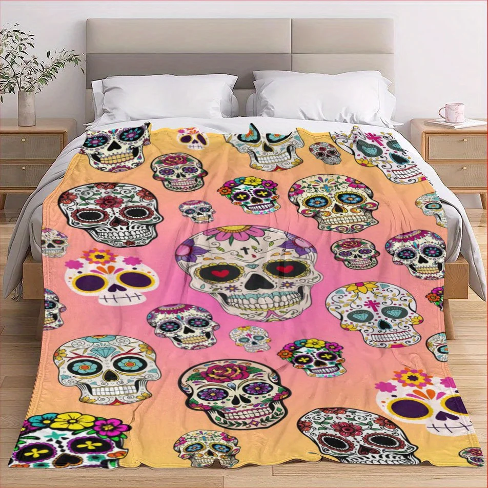 Sugar Skull Fiesta Blanket Reversible Flannel Throw for Folk Art Lovers AllSeason Comfort Vibrant Culture Gift