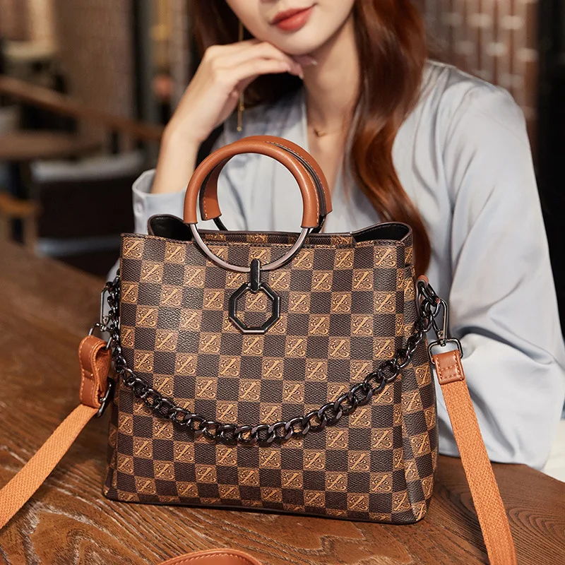 Women's fashion printed Bucket bag plaid printed casual handbag multi-functional PU leather shoulder bag, women's messenger bag