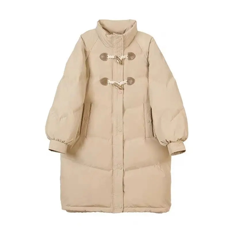 Cow Horn Button New Cotton Jacket, Down Cotton Jacket, Women's Winter Coat, Loose and Thick, Medium To Long Style