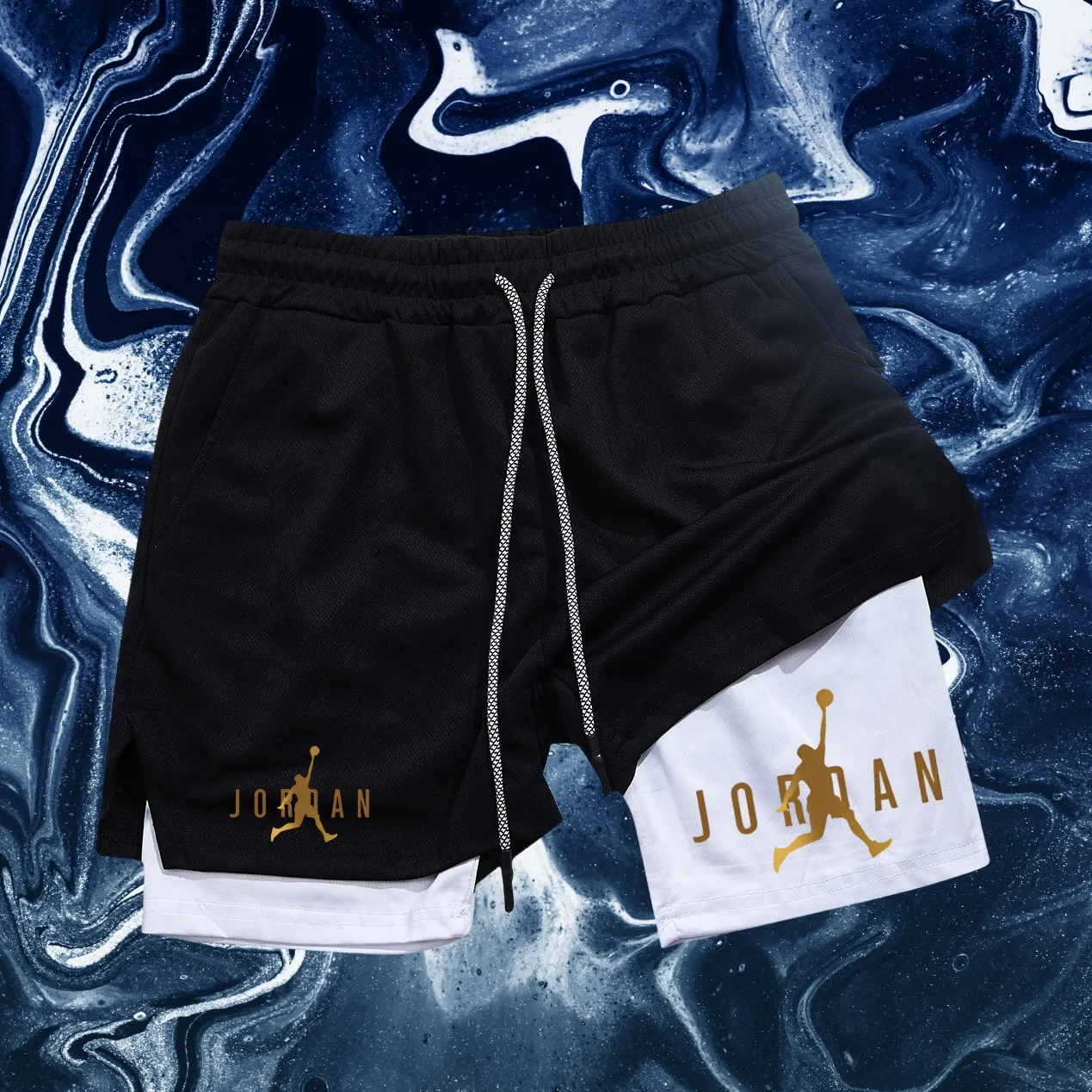 Short de sport 2 en 1 pour hommes, imprimé croisé, doublé de compression, short de sport, sac pour téléphone, housse de serviette, marche de haute qualité