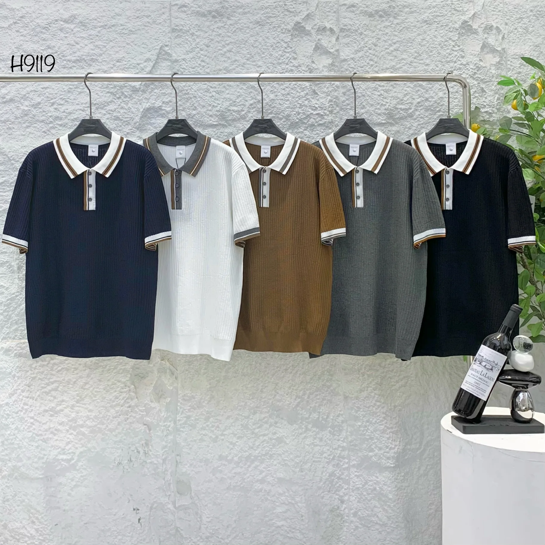 

Ice silk blended V-neck T-shirt for men, contrasting color lapel, slim fit polo shirt, knitted texture T-shirt/H9119