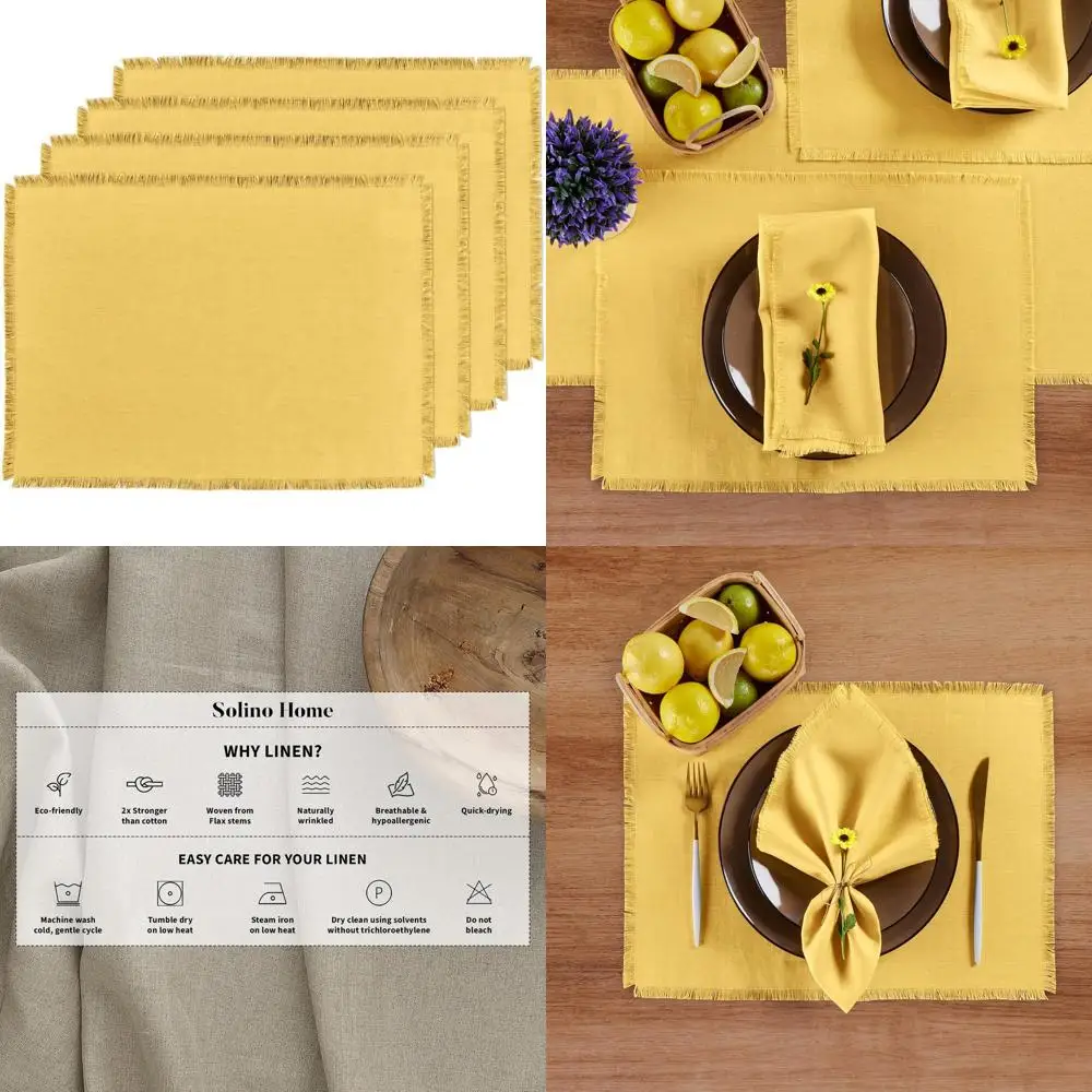 

Набор салфеток из чистого льна из 4–14x19 дюймов, коврики для стола с желтым календурем, 100% лен для элегантной столовой