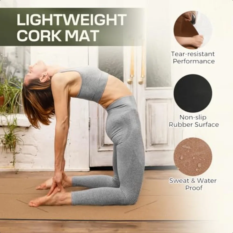 بساط يوجا من الفلين غير قابل للانزلاق يقاوم العرق والروائح بساط تمرين مع حزام حمل لليوجا الساخنة وأرضية البيلاتس والتدريبات اللياقة البدنية #4