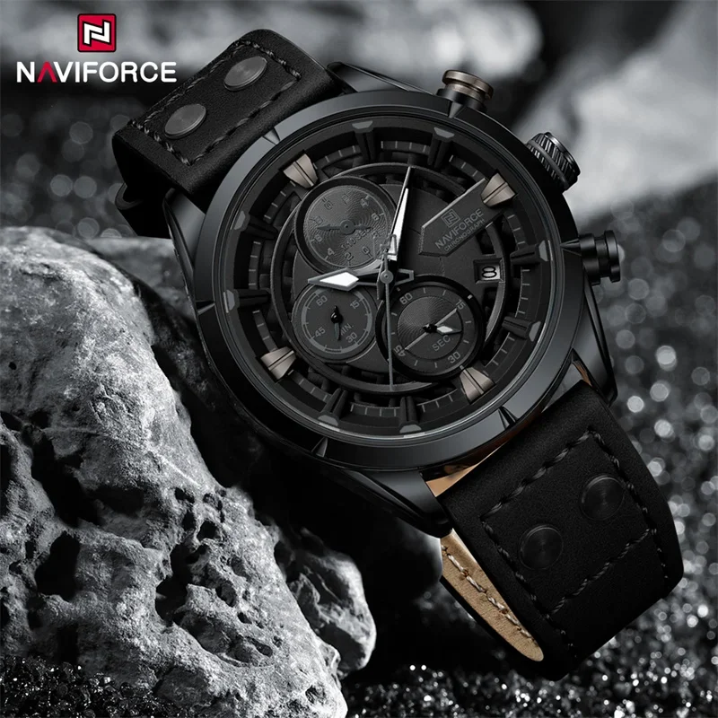 NAVIFORCE 2024 Men Watch Waterproof Genuine Leather Strap Military Sport 1/10 Second Chronograph Date Quartz Wristwatch