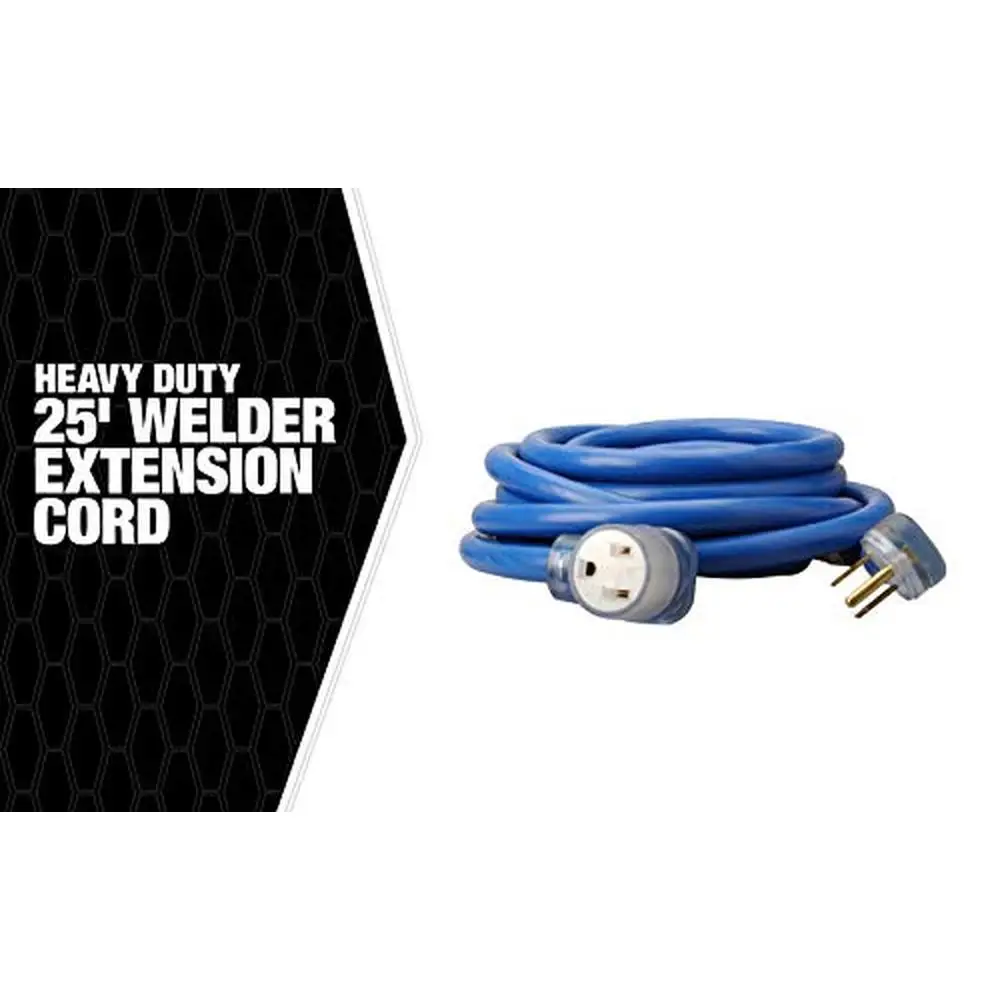 25Ft 8 Gauge Welding Extension Cord 40 AMP 250V Blue Super Performance Flexible Molded End Lighted Male-to-Female Connector