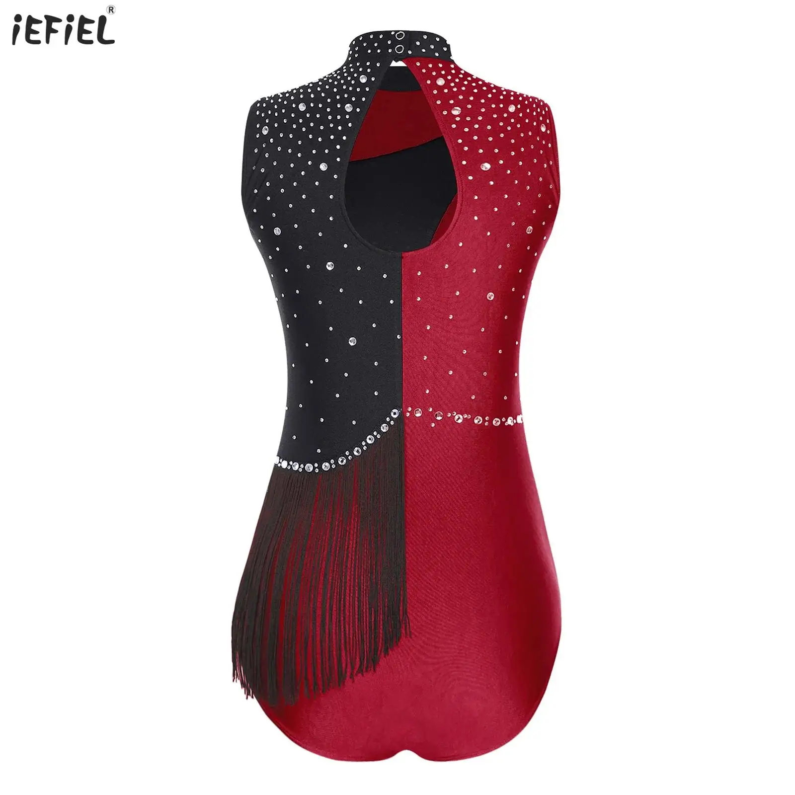 

Womens Figuring Skating Bodysuit Glittery Rhinestones Tassel Waist One-piece Leotard Jumpsuit Gymnastics Jazz Ballet Dancewear