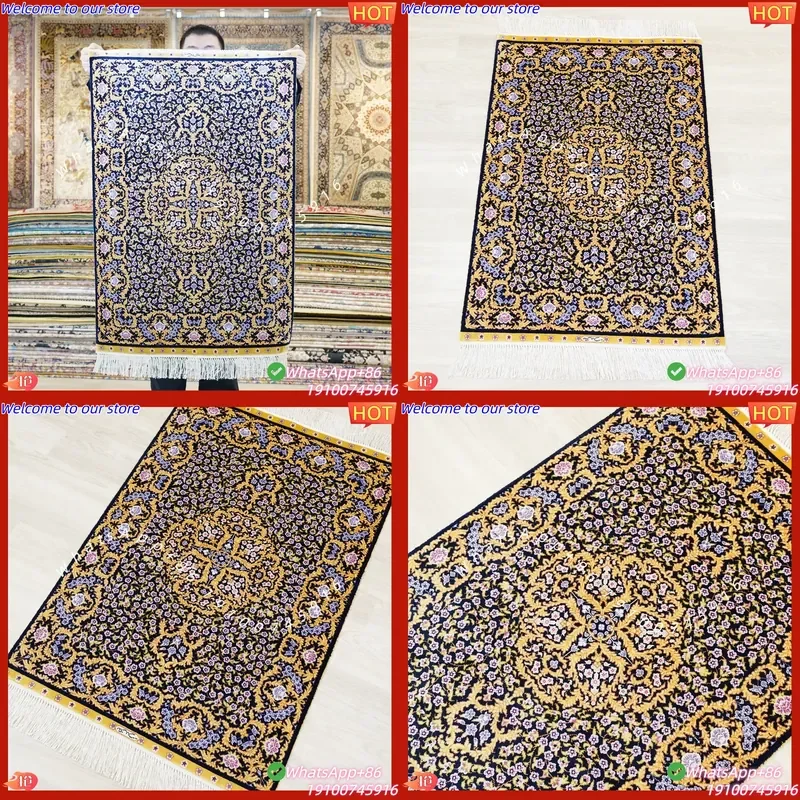 CECertificate 61x91cm Isfahan Rug China Floor Persian Style Handmade Double Knot Silk Carpet Floral Washable Non-Slip