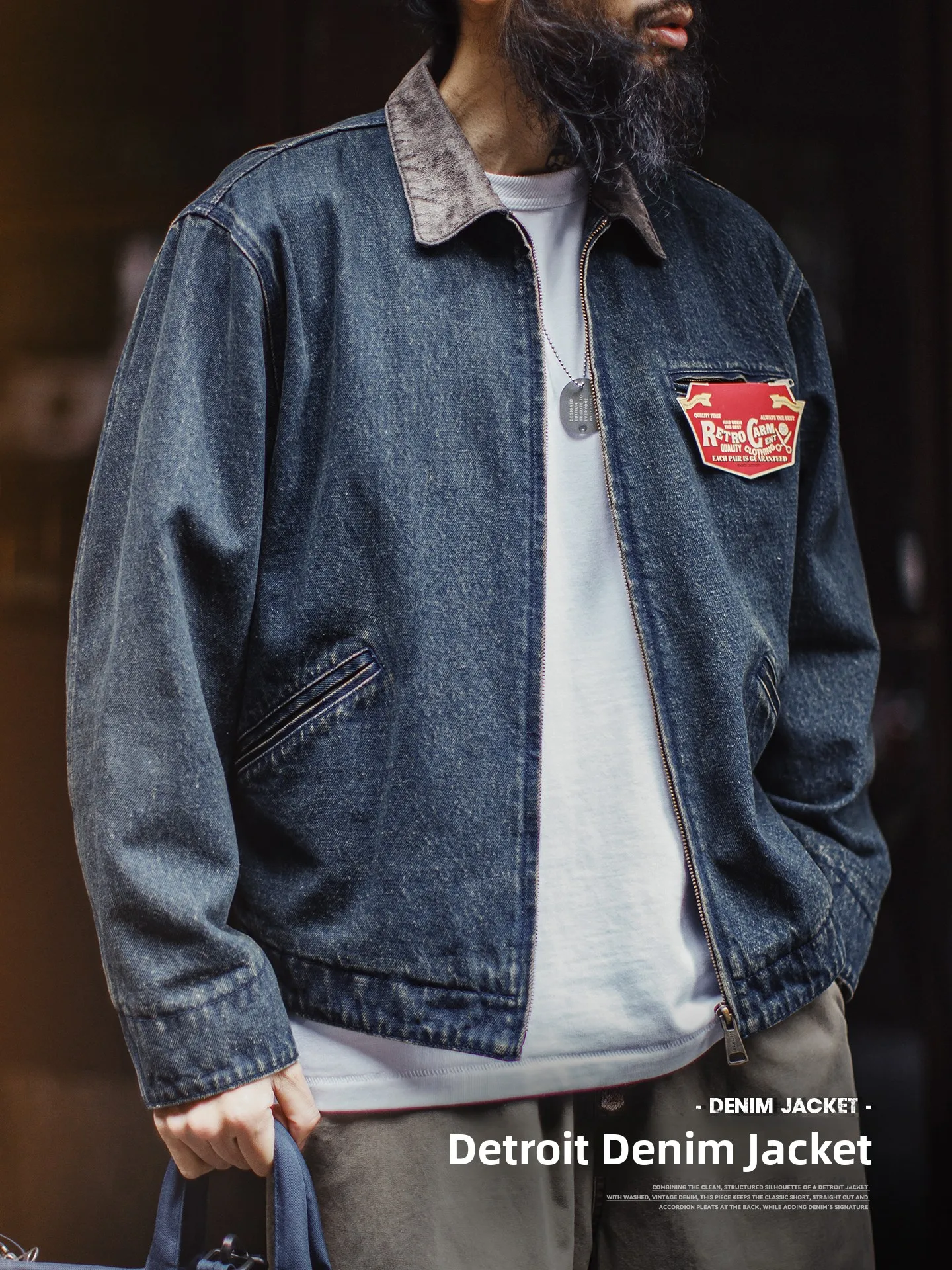 

Morden Workwear American Retro Detroit Waed Denim Jaet ort Casual Collar Men's Spring Outerwear Cotton Polyester Blend