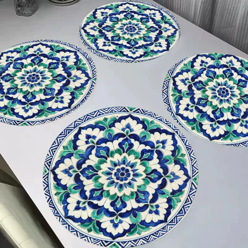 VIKAMA Mediterranean Blue-Green Flower Brick Mandala Circular Round Linen Table Mats Heat Resistant Wear-Resistant Home Decor