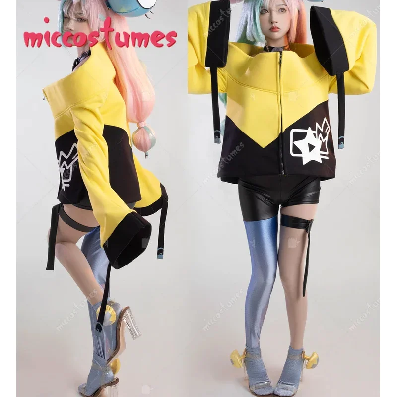 25COSMiccostumes Women's  PM Derivative Iono Cosplay Costume Halter Crop Top and Jacket with Socks and Leg Ring