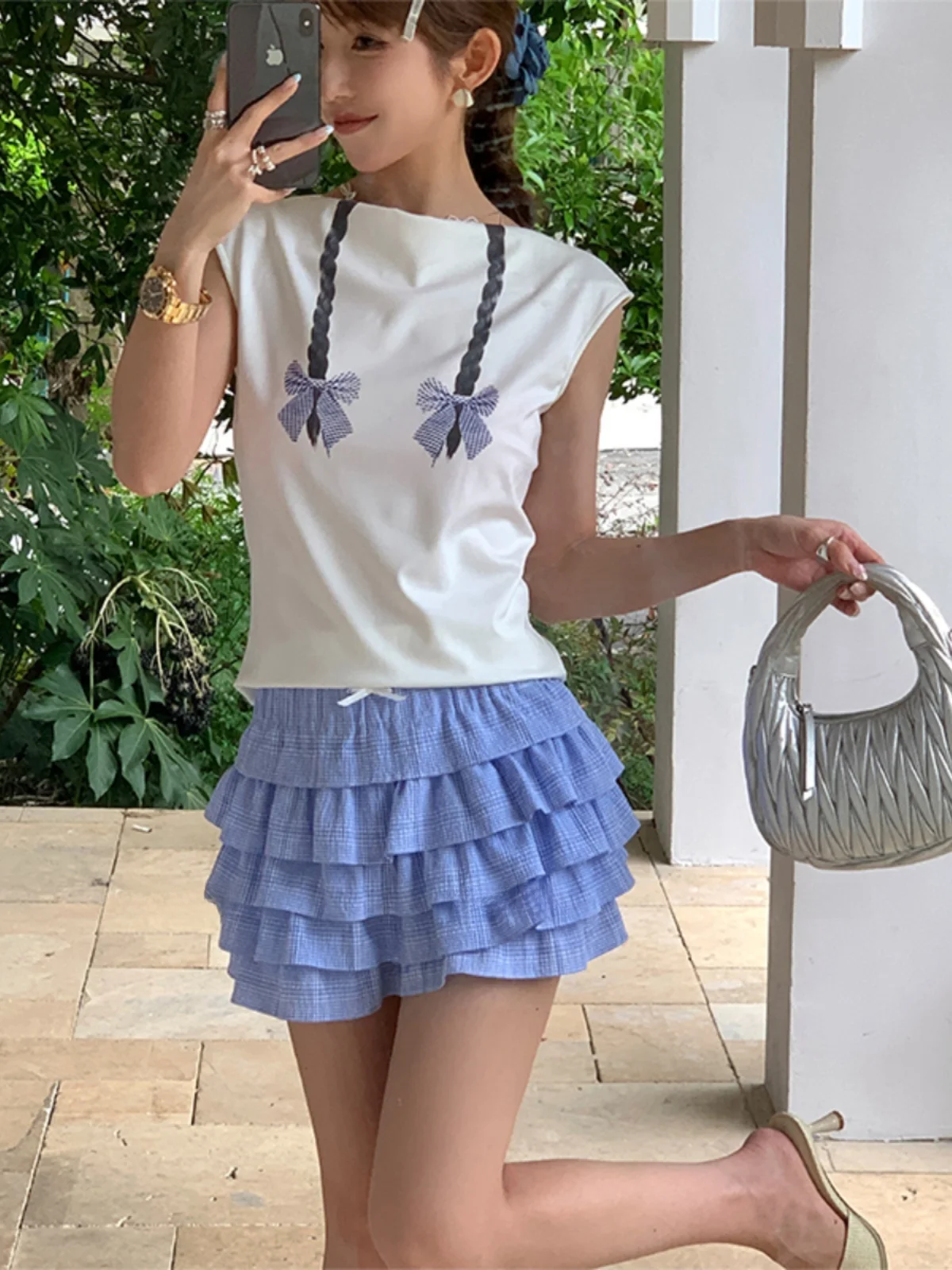 

Модные летние женские брюки-юбка в клетку, синие, повседневные, со средней талией, А-силуэт, из смесового полиэстера и хлопка