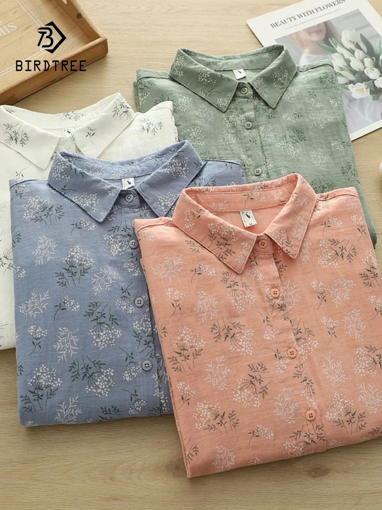 جديد 2025 قميص خريفي بأكمام طويلة من غزل القطن ، بلوزة فضفاضة متعددة الاستخدامات للنساء بياقة مقلوبة مطبوعة ، بلوزة موري جيرل ريترو متعددة الاستخدامات T59257CC