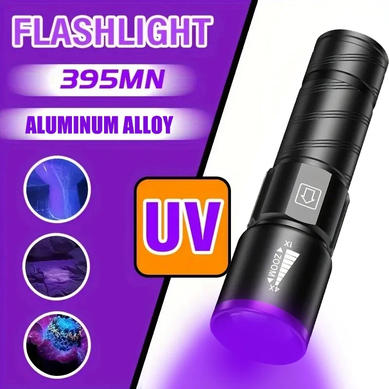 

Портативный УФ-фонарик 395 нм, UV395 нм, масштабируемый фонарик, 3 режима, ультрафиолетовые фонарики для кемпинга, для стеков домашних животных, флуоресцентное обнаружение