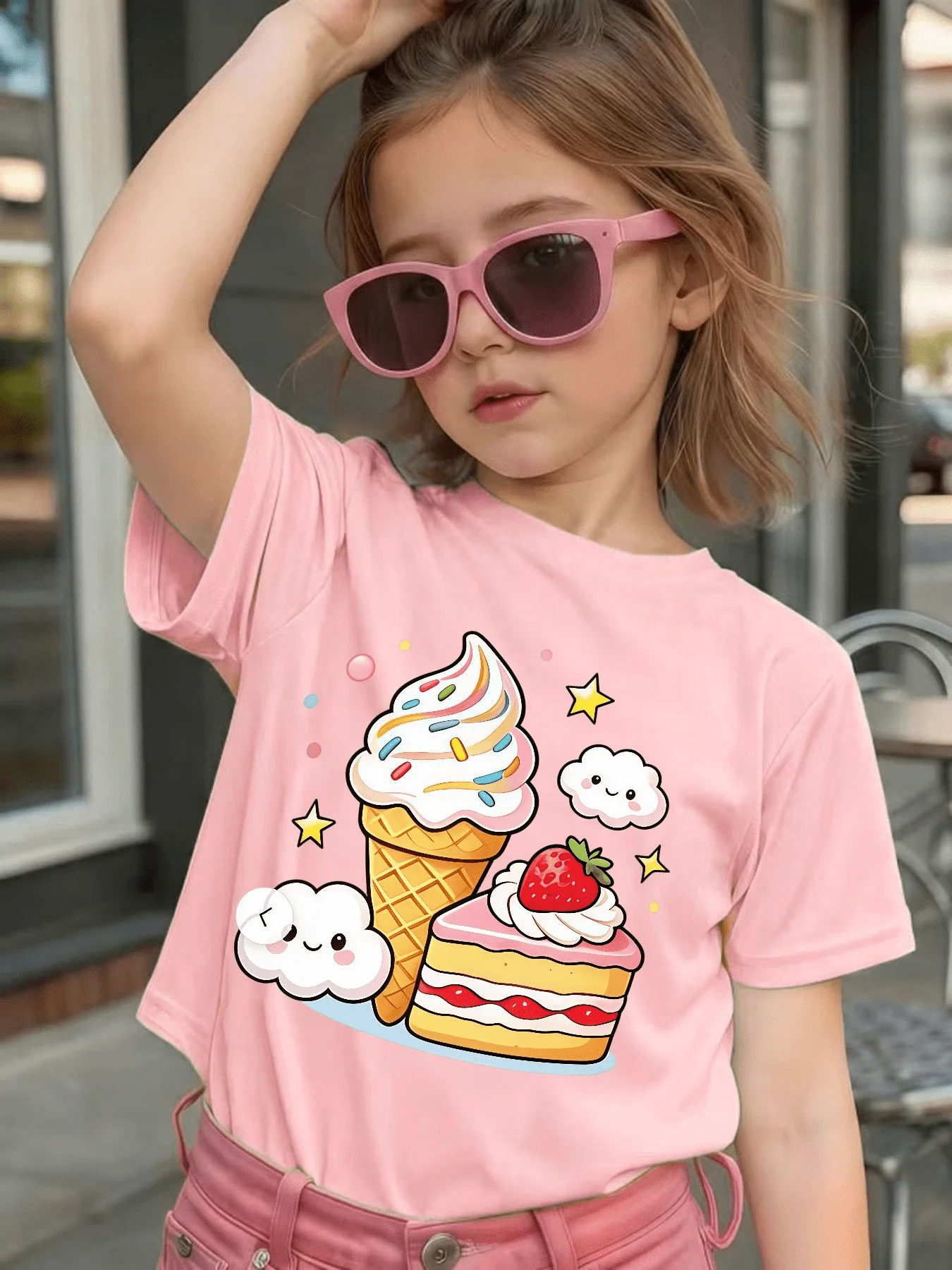 Cute Cartoon Cake Ice Cream Cloud Star Print Kids T Shirt Boys Girls Family Match Cotton Short Sleeve Summer  Casual Basic Wear
