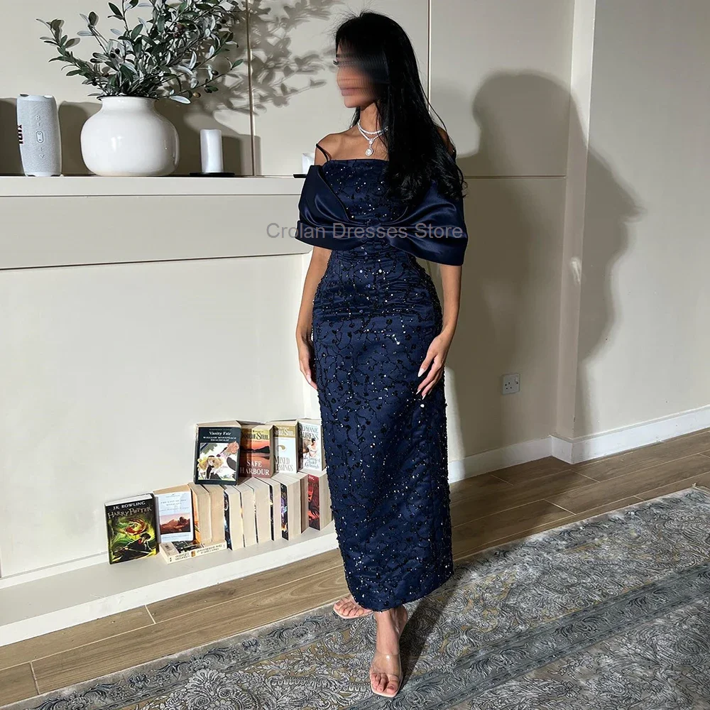 Dark Blue Ankle Length Lace Sequined Prom Dress Saudi Arabia Strapless Appliques Pleats Evening Gowns Formal Party Dress 2024