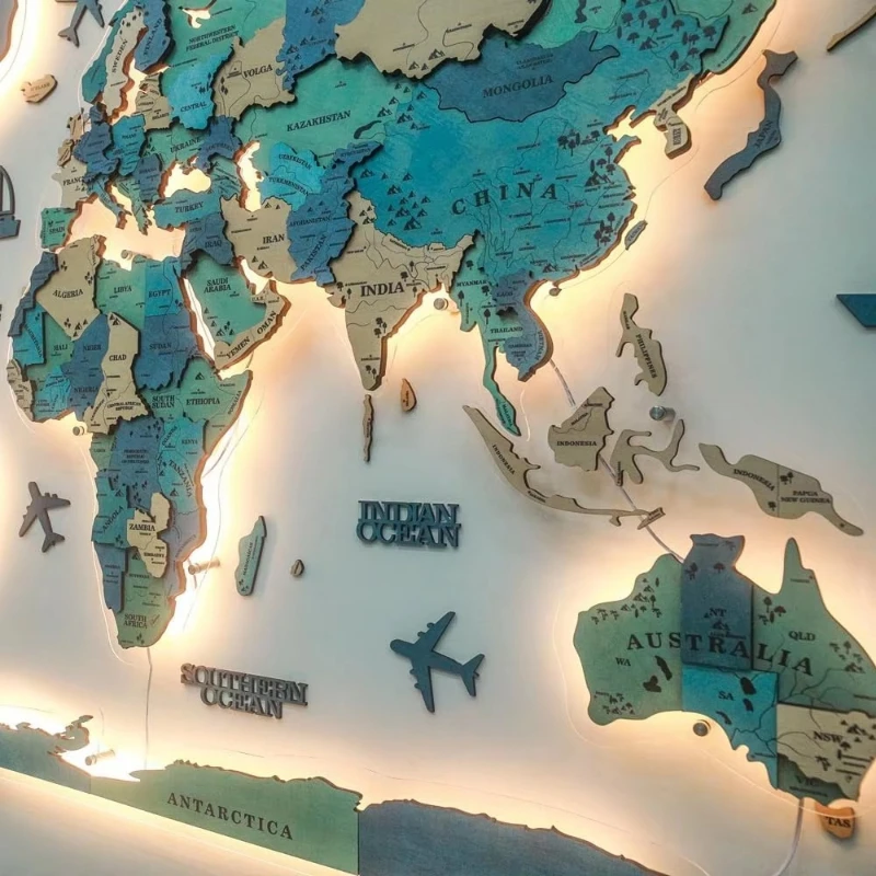 Light wooden world map wall decoration, home decoration items