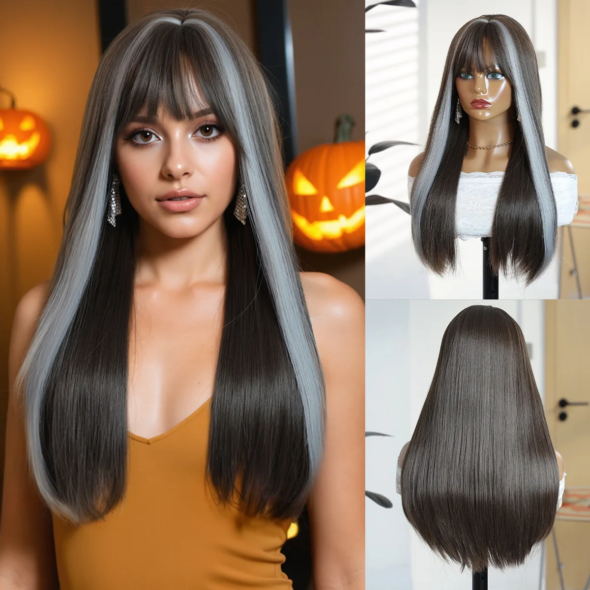 

22 inch wig female long hair whole top long straight hair full head cover chemical fiber air bangs second dimension cos highligh
