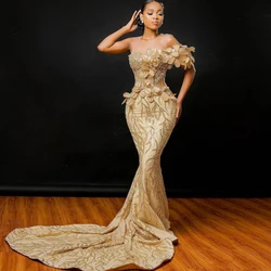 Luxury Beaded Gold Mermaid Prom Dresses Aso Ebi Style Handmade Flowers Shiny African Wedding Reception Gown Dinner Party Dress