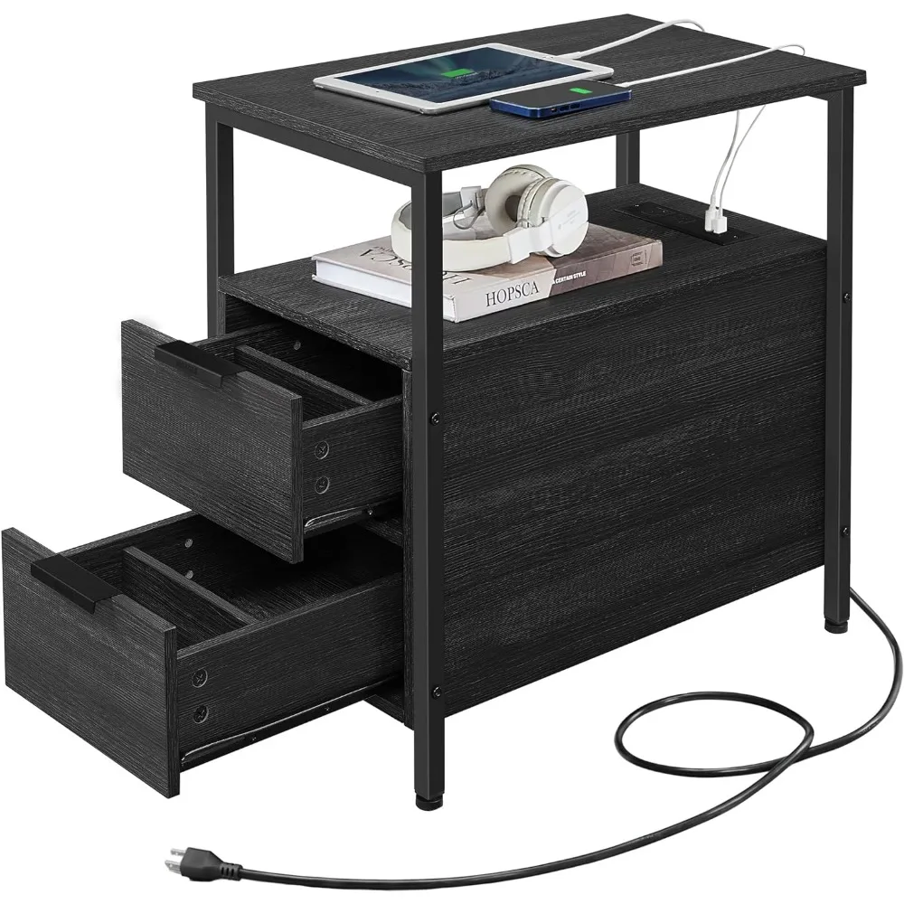 

,Narrow End 2 Drawers, Slim Nightstand and Bedside Table Side Charging Station with Storage, for Small Spaces