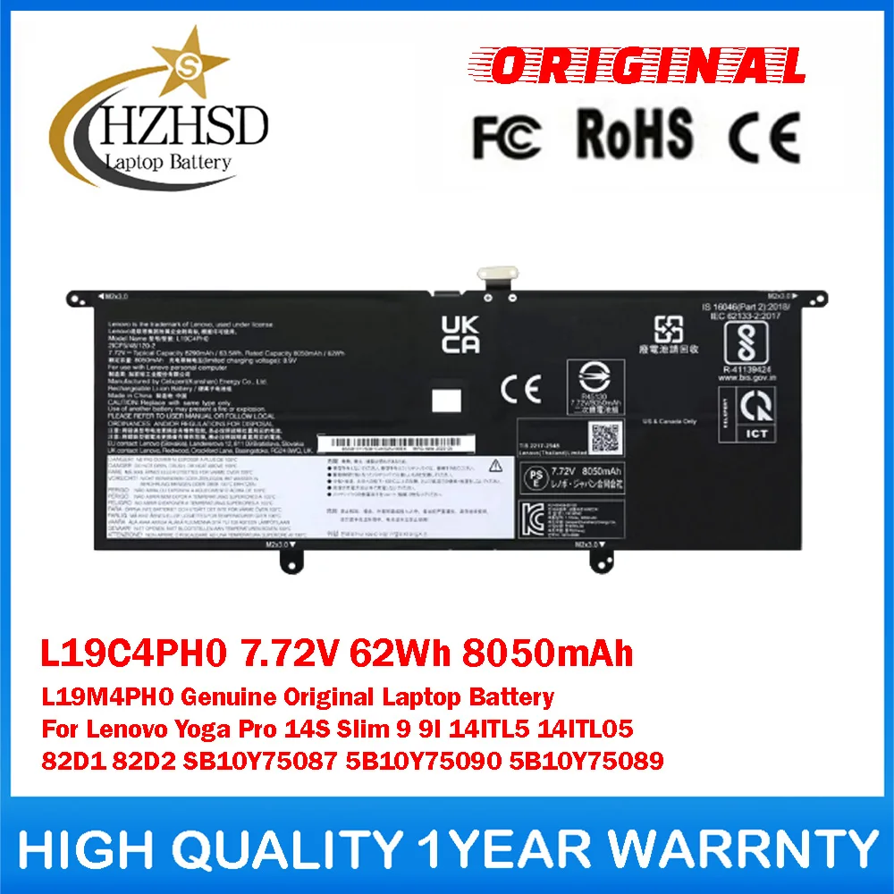 L19C4PH0 7.72V 62Wh 8050mAh L19M4PH0 Genuine Original Laptop Battery For Lenovo Yoga Pro 14S Slim 9 9I 14ITL5 14ITL05 82D1 82D2