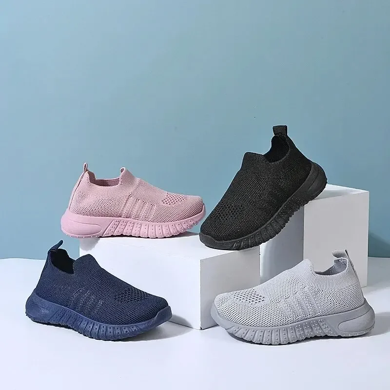 Solid Color Breathable Knitted Sports Shoes For Children Aged 1-8 Slip-on Casual Shoes Cross-border Explosion Style