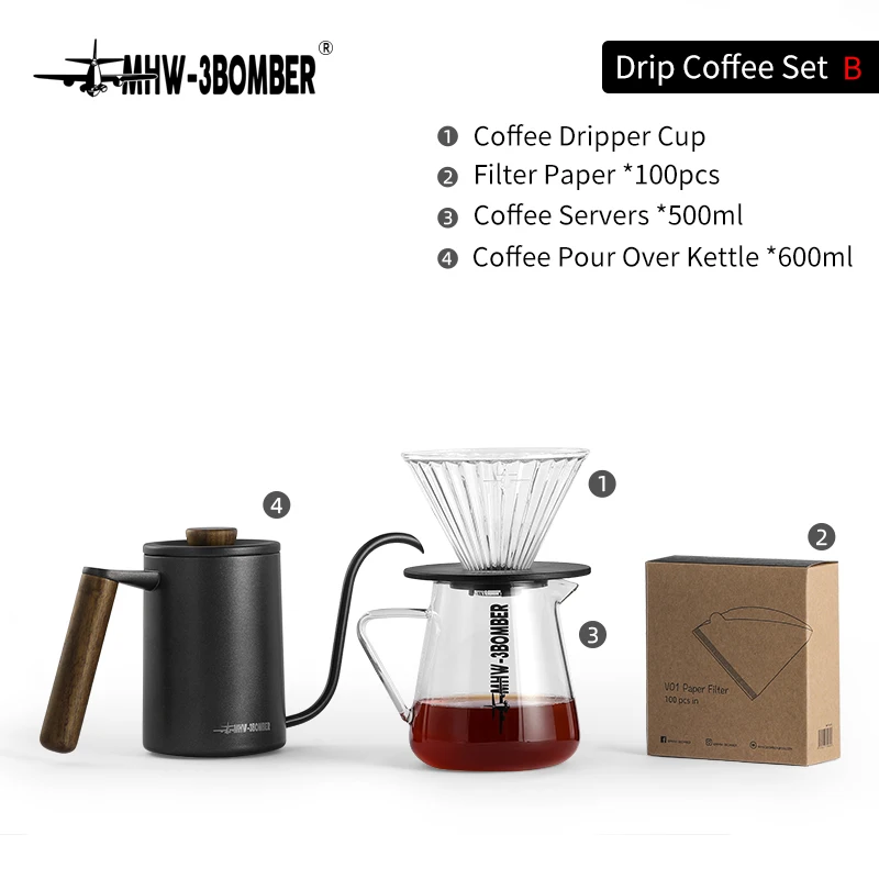 MHW-3BOMBER Drip Coffee Set 600ml Pour Over Kettle Gooseneck Spout Tea Pot Glass Filter Cup & Paper Coffee Servers Accessories