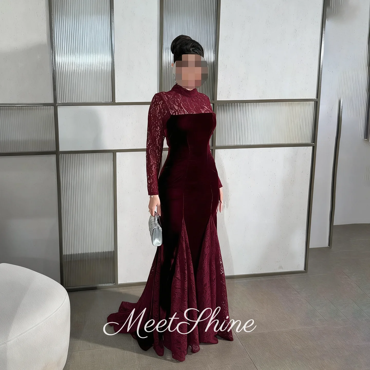 

Vintage Burgundy Mermaid Long Sleeves Lace Evening Dress for Women Dubai High Neck Velvet Pleat Wedding Prom Dress Customized