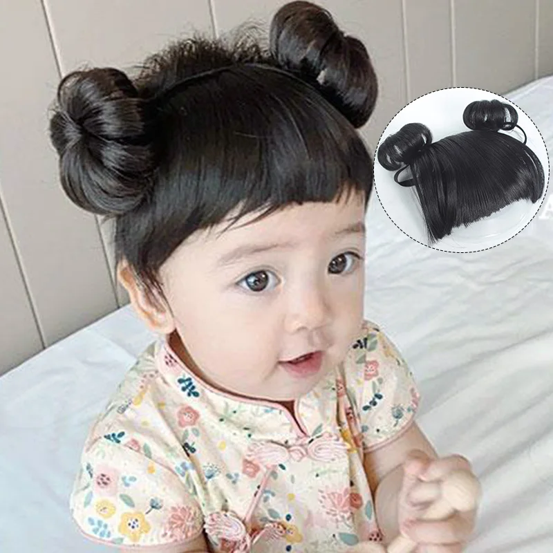 Synthetic Wig Headband for Baby Kids Hair Bangs with Tiny Buns Hair Accessory For Full Moon Photo Christmas Festivals New Year