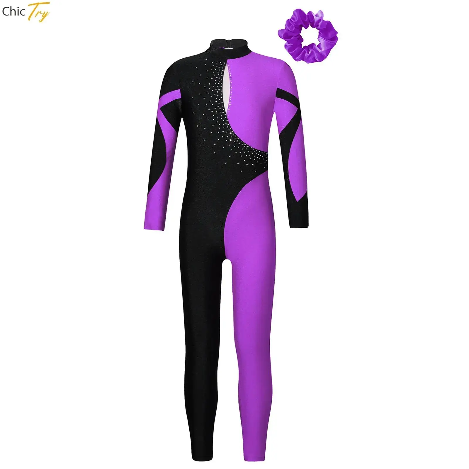 

Kids Teens Rhinestones Ballet Dance Unitard Girls Long Sleeve Gymnastics Leotard Jumpsuits Dancing Performance Dancewear Unitard