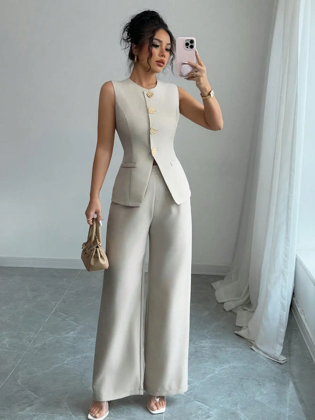 Women's Elegant Sleeveless Button-Up Vest & Wide-Leg Pants 2-Piece Set for Office or Casual Wear