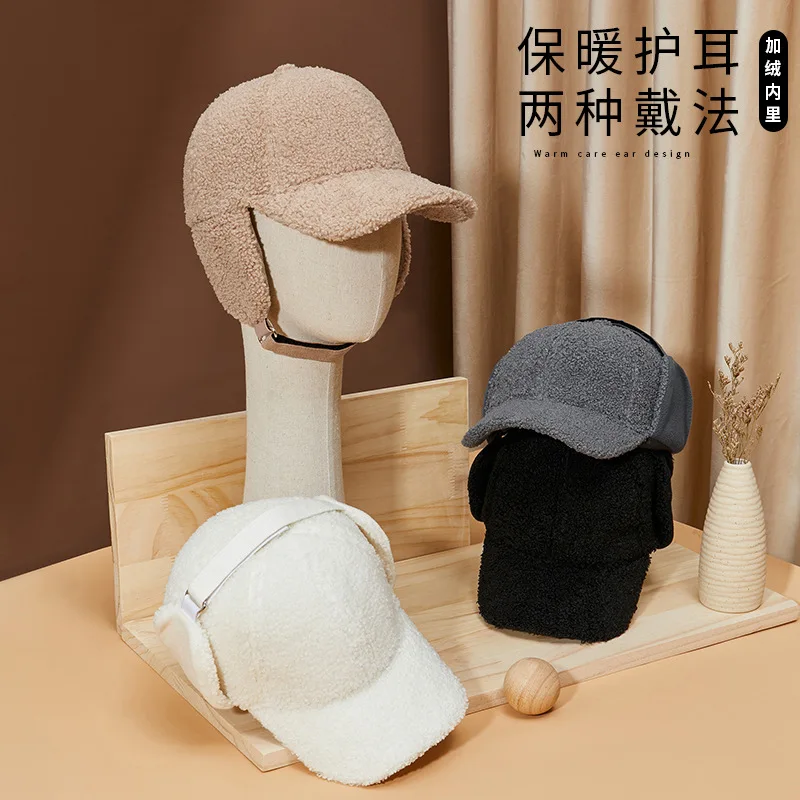 Gorra de béisbol de lana de cordero para hombre y mujer, gorro cálido de talla grande con protección para las orejas, a prueba de frío, de felpa, con lengua de pato, novedad de 2023