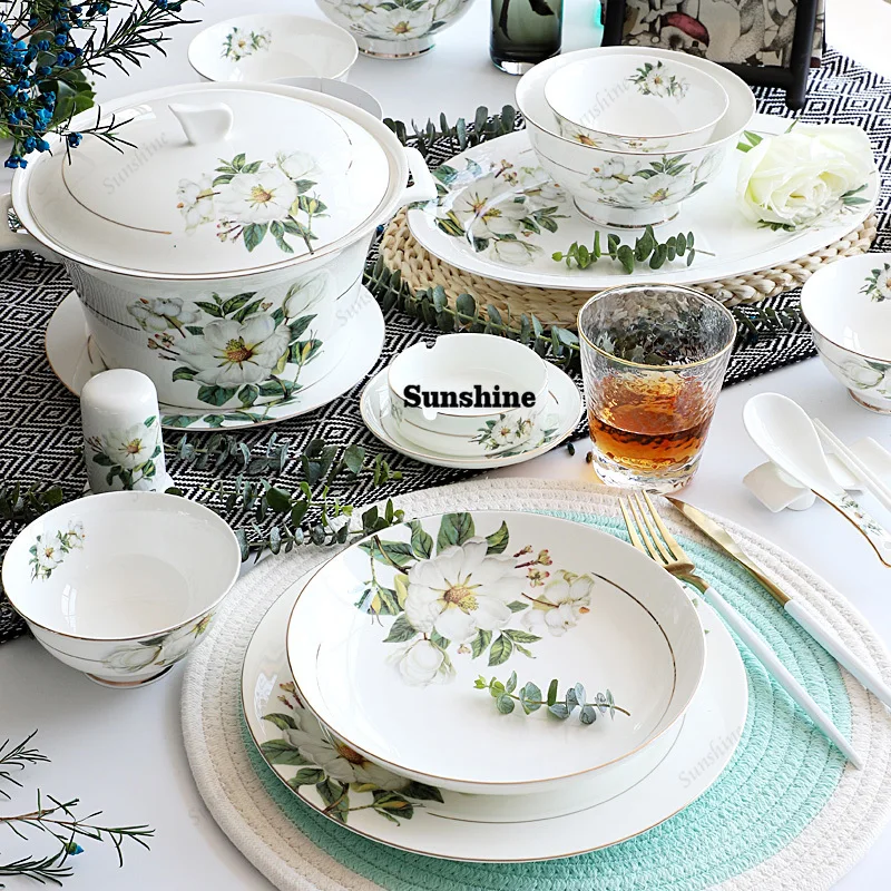 

Free combination bowl and plate DIY Tangshan bone china bowl and plate set, home soup pot, plate, rice bowl, optional tableware