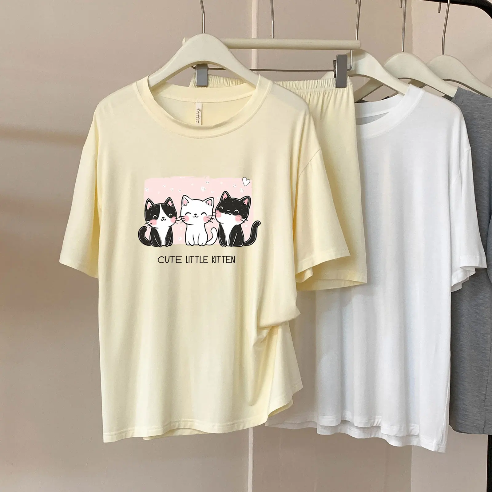 

Sd106 Cute Cartoon Cat Modal Cotton Short Sleeve Shorts Set Pajamas Women Summer New Loose Casual Homewear