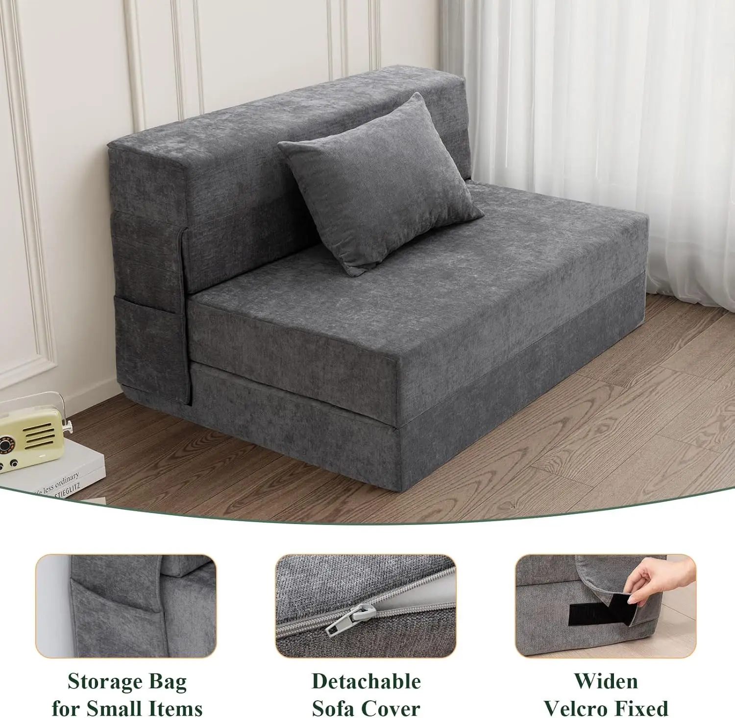 Cadeira de dormir conversível com travesseiro, sofá dobrável, colchão de espuma, sofá futon, sofá preguiçoso para sala de estar/dormitório/guanto ro