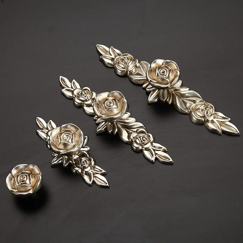 European Rose Flower Kitchen Cabinet Handles Zinc Alloy Ivory White Drawer Knobs Wardrobe Cupboard Door Pulls Hardware